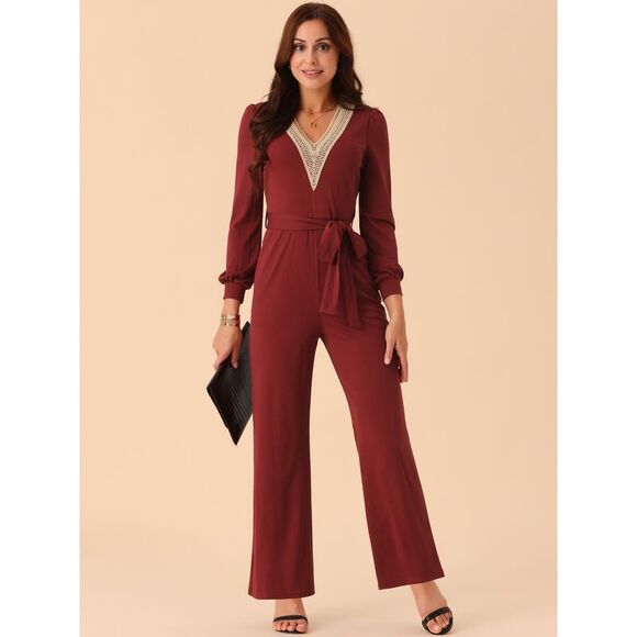 V Neck Jumpsuit Belted Stretchy Wide Leg Long Pant Romper  Wine Red - Picture 3 of 5